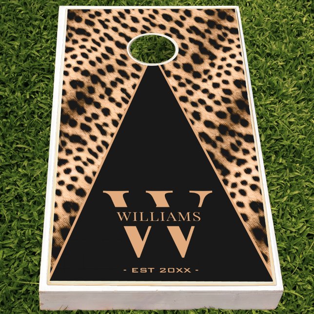 Cheetah Animal Print Black & Brown Monogram Family Cornhole Set (Cheetah Animal Print Black & Brown Monogram Family Cornhole Set)