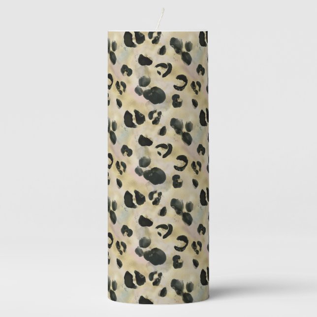 Cheetah Animal Print Black, Gold Pillar Candle (Front)