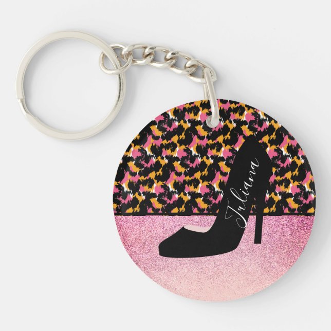 Cheetah Animal Print Pink Pearl Heel Keychain (Front)