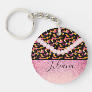Cheetah Animal Print Pink Pearl Keychain