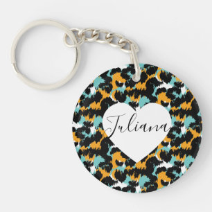 Cheetah Animal Print Teal Orange Heart Keychain