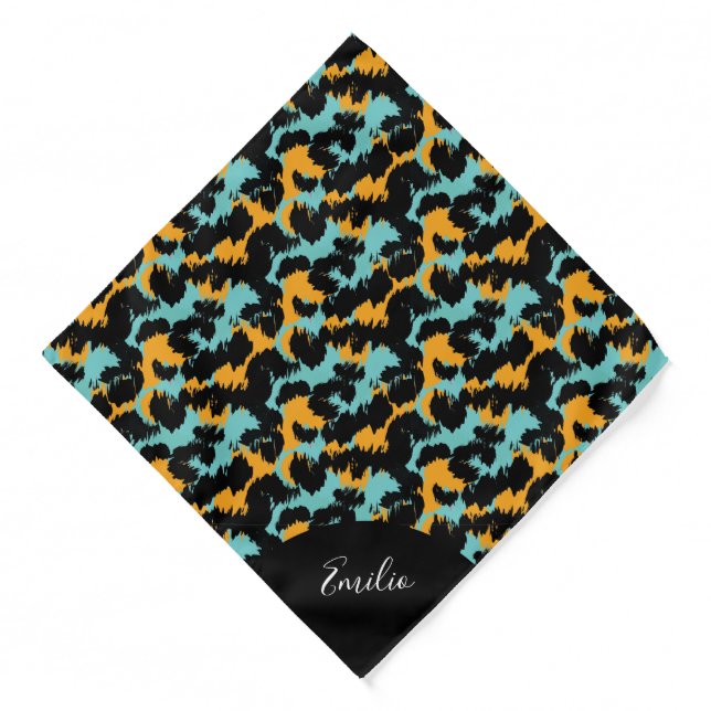 Cheetah Animal Print Teal Script Name Pet Bandana (Front)
