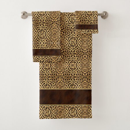 Cheetah Animal Print With Gold Trimmed Brown Band Bath Towel Set
