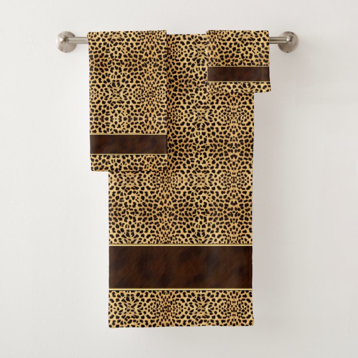 Cheetah Animal Print with Gold Trimmed Brown Band Bath Towel Set Zazzle