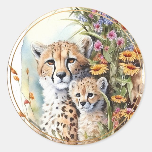 Cheetah Baby and Mom Classic Round Sticker (Front)