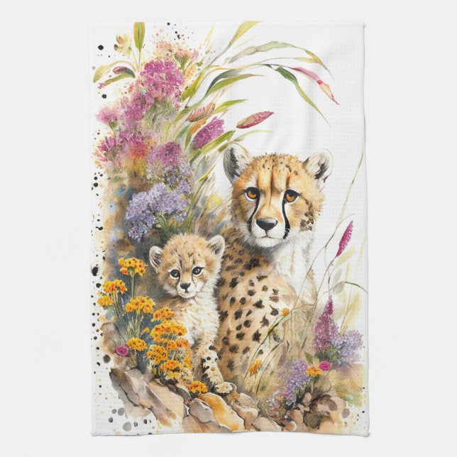 Cheetah Baby and Mom Kitchen Towel (Vertical)