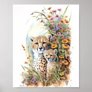 Cheetah Baby and Mom Watercolor Painting  Poster