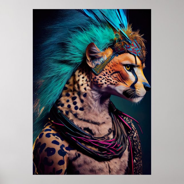 Cheetah Blue Feather Mohawk Weirdcore Rainbow Punk Poster (Front)