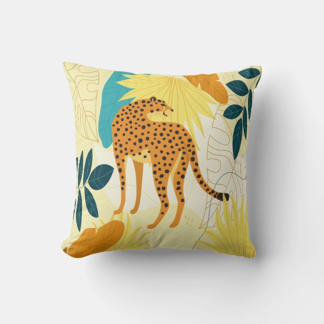 Cheetah colourful tropical leaves wallpaper throw pillow (Front)