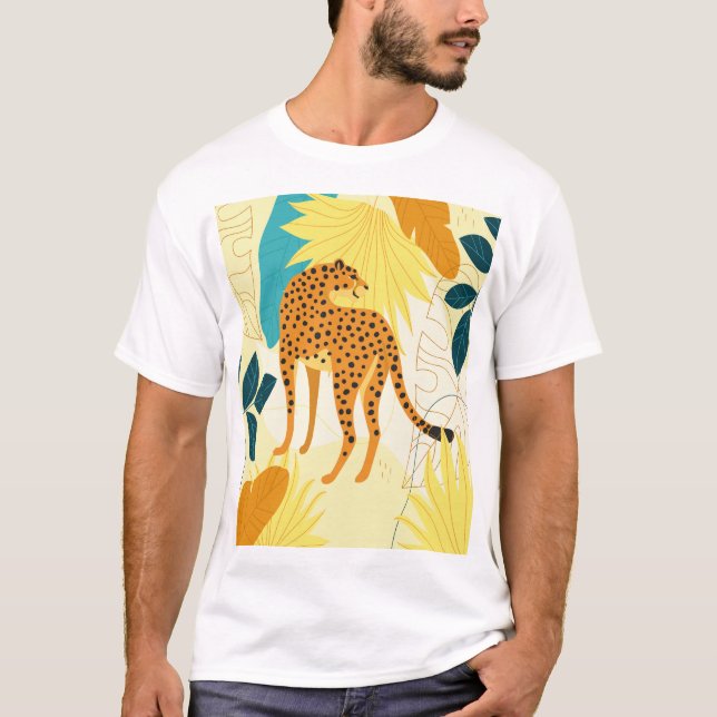 Cheetah colourful tropical leaves wallpaper throw  T-Shirt (Front)