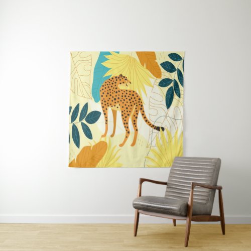 Cheetah colourful tropical leaves wallpaper throw  tapestry