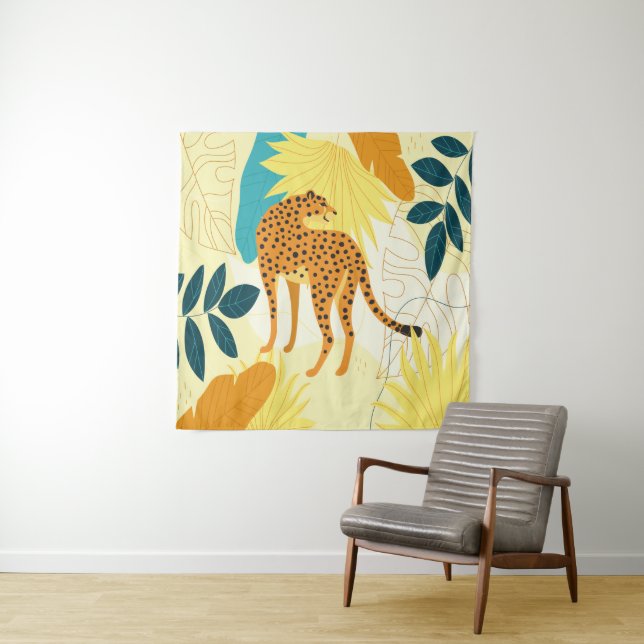 Cheetah colourful tropical leaves wallpaper throw  tapestry (In Situ)