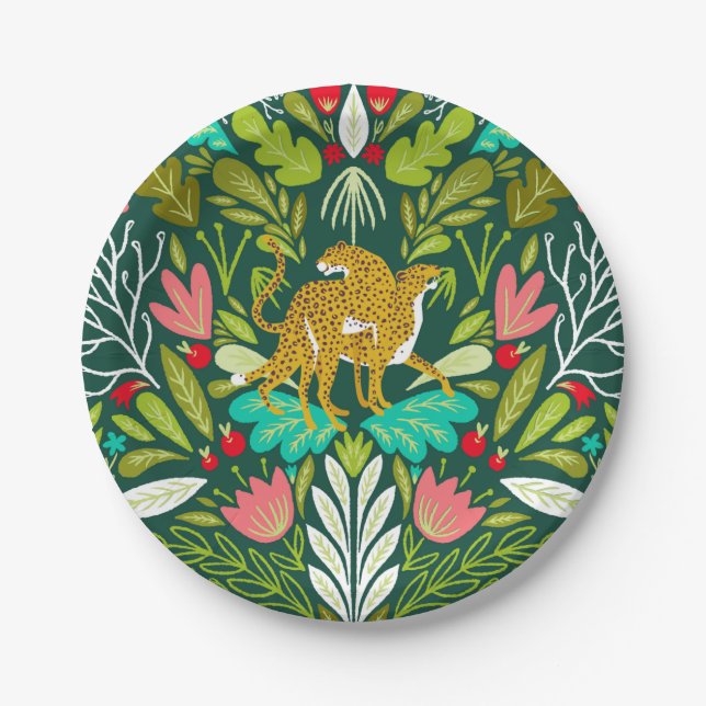 "Cheetah Couple Illustration, Wild Cat Jungle Paper Plates (Front)