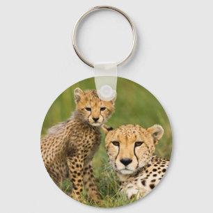 Cheetah Cub and Parent in Grass Keychain