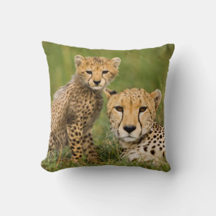 Cheetah Cub and Parent in Grass Throw Pillow