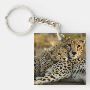 Cheetah Cub Snuggling with its Mom Keychain