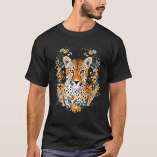 Cheetah Face Animal Print Big Cat Wildlife Flowers T-Shirt