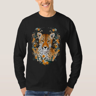 Cheetah Face Animal Print Big Cat Wildlife Flowers T-Shirt