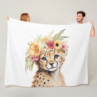 Cheetah Flower Crown Art Watercolor Safari Wild Fleece Blanket