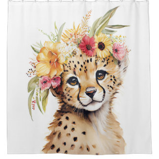Cheetah Flower Crown Art Watercolor Safari Wild Shower Curtain