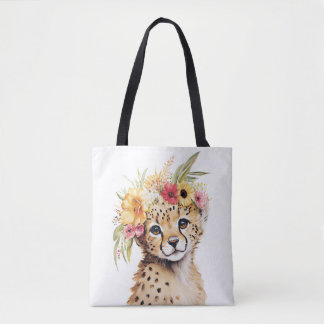 Cheetah Flower Crown Art Watercolor Safari Wild Tote Bag