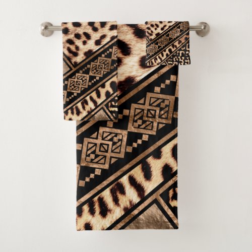 Cheetah Fur with Ethnic Ornaments Bath Towel Set