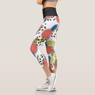Cheetah Hand Drawn Floral Doodles Capri Leggings