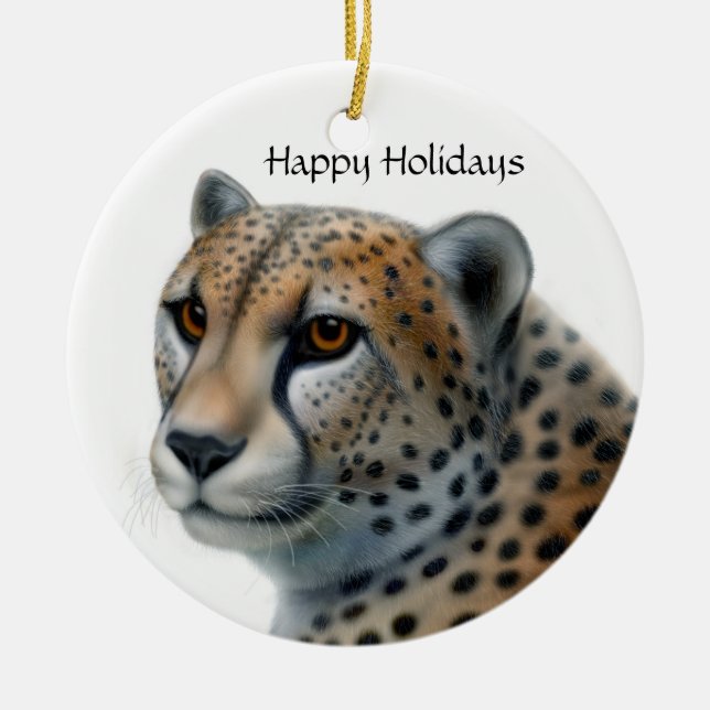 Cheetah, Happy Holidays Ceramic Ornament (Front)