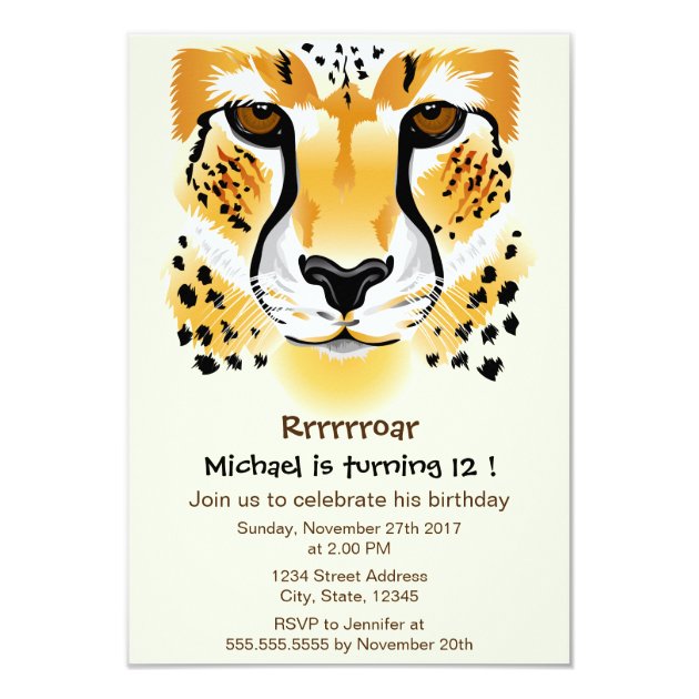 Cheetah Head Close-up Illustration Birthday Party Invitation