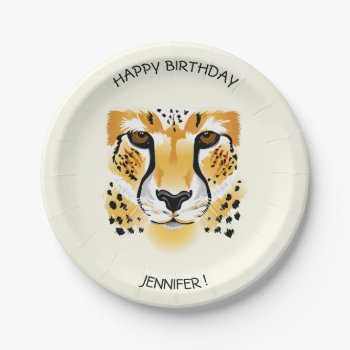 Cheetah Head Close-up Illustration Name Birthday Paper Plates by pixxart at Zazzle