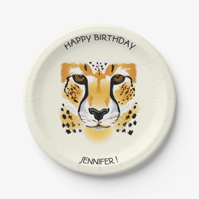 cheetah head close-up illustration name birthday paper plates (Front)