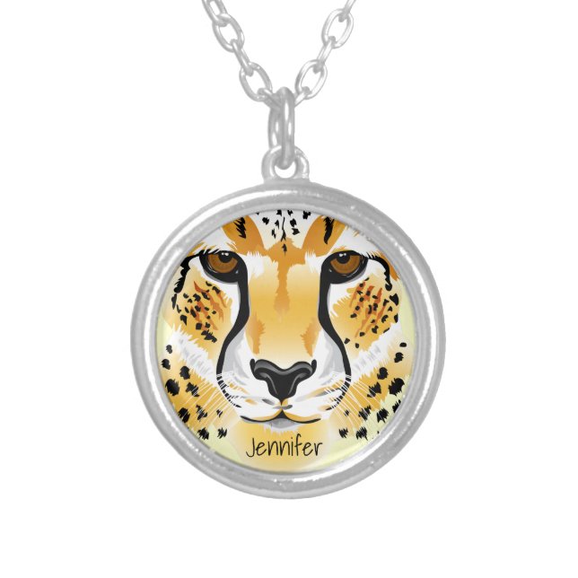 cheetah head close-up illustration name silver plated necklace (Front)
