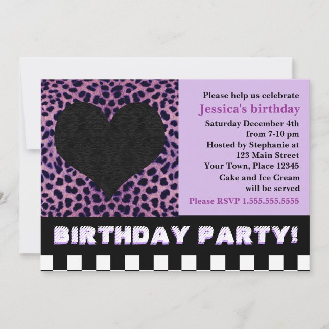 Cheetah Heart Birthday Party - Purple Invitation (Front)