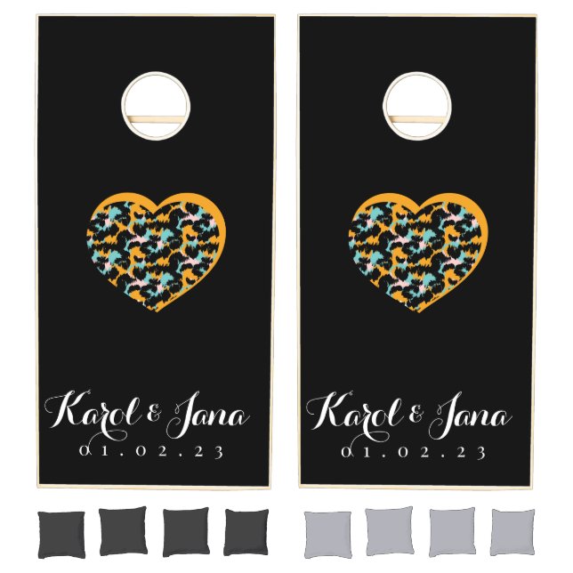 Cheetah Heart Couples Name Monogrammed  Wedding  Cornhole Set (Set)