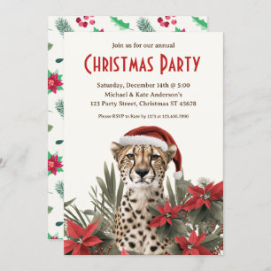 Cheetah in a Santa Hat Poinsettias Christmas Party Invitation