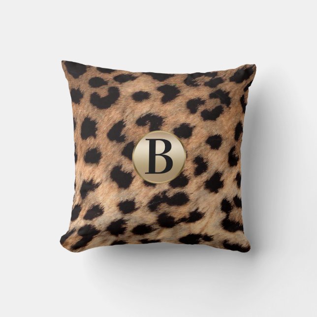 Cheetah Leopard Animal Print Monogram Gold Glitter Throw Pillow (Front)