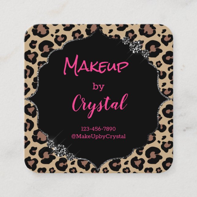 Cheetah Leopard Diamond Pink Sparkle Glimmer Square Business Card (Front)