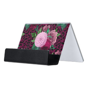 Cheetah Leopard Floral Flower Pattern Desk Business Card Holder