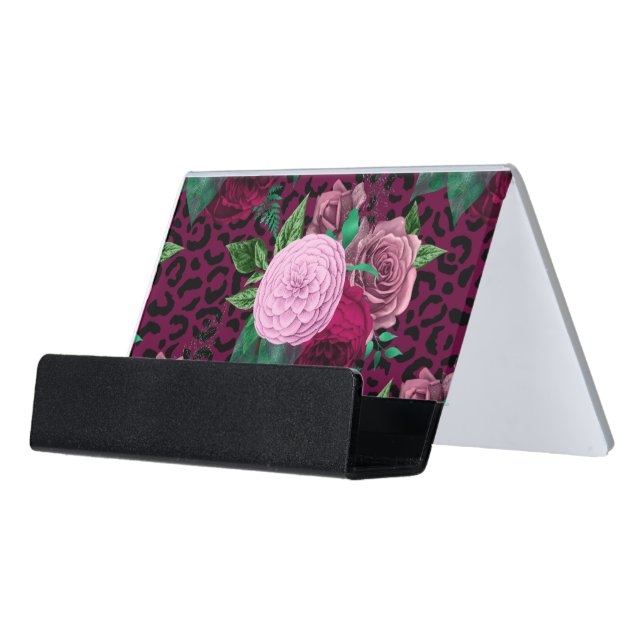 Cheetah Leopard Floral Flower Pattern Desk Business Card Holder (Angled Front)