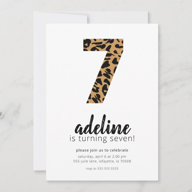 Cheetah / Leopard Print 7th Birthday Invitations (Front)