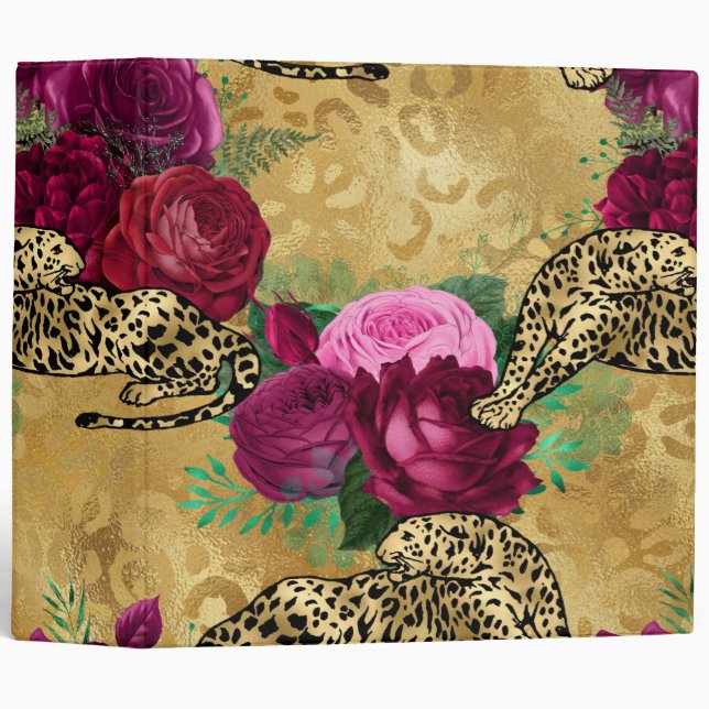 Cheetah Leopard Red Rose Floral Flower Pattern 3 Ring Binder (Front/Spine)