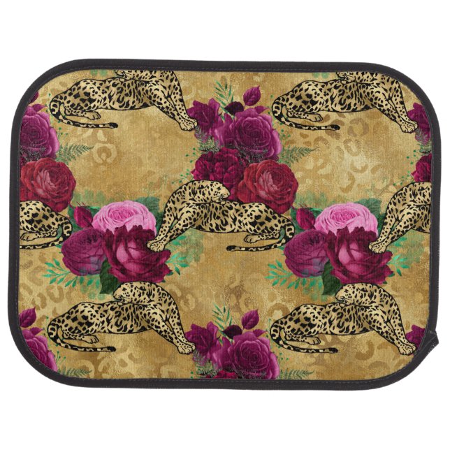 Cheetah Leopard Red Rose Floral Flower Pattern Car Floor Mat (Rear)