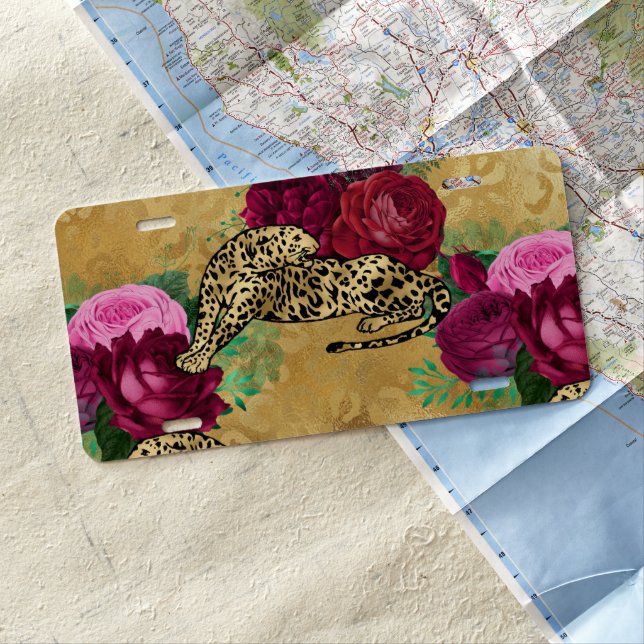 Cheetah Leopard Red Rose Floral Flower Pattern License Plate (In Situ)