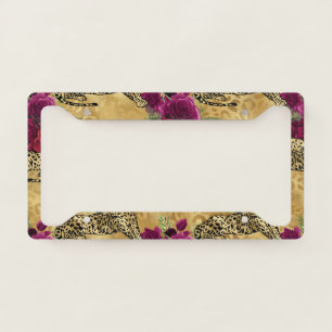 Cheetah Leopard Red Rose Floral Flower Pattern License Plate Frame