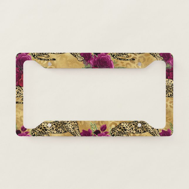 Cheetah Leopard Red Rose Floral Flower Pattern License Plate Frame (Front)