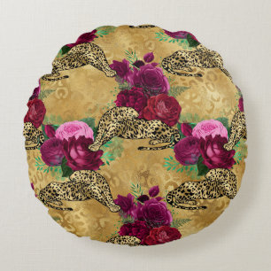 Cheetah Leopard Red Rose Floral Flower Pattern Round Pillow