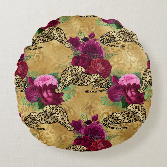 Cheetah Leopard Red Rose Floral Flower Pattern Round Pillow (Front)