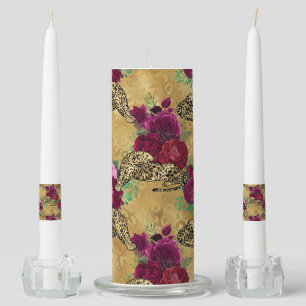 Cheetah Leopard Red Rose Floral Flower Pattern Unity Candle Set