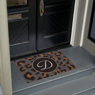 Cheetah Leopard Spotted Animal Print Gray Initial Doormat