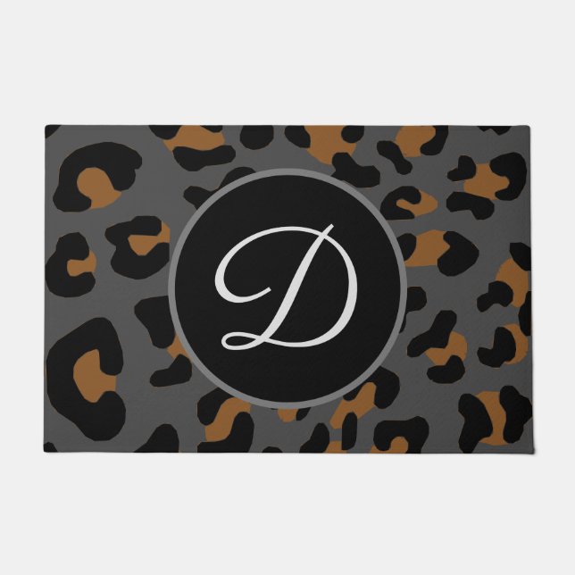 Cheetah Leopard Spotted Animal Print Gray Initial Doormat (Front)